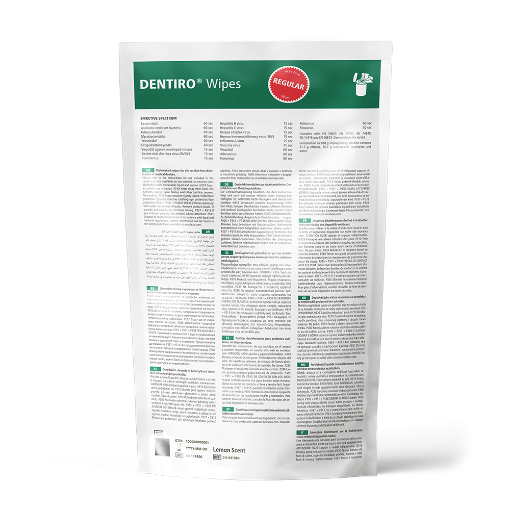 Refill pouch with 120 disinfectant wipes (14.5 x 20 cm), lemon scent