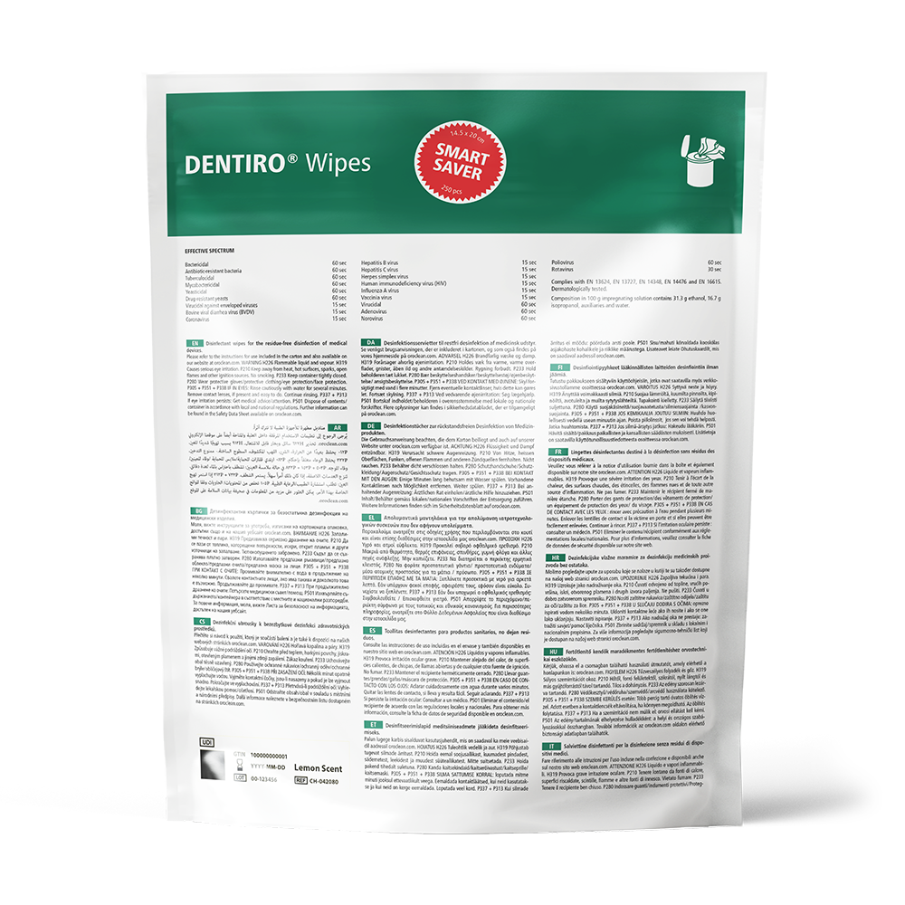Refill pouch with 250 disinfectant wipes (14.5 x 20 cm), lemon scent