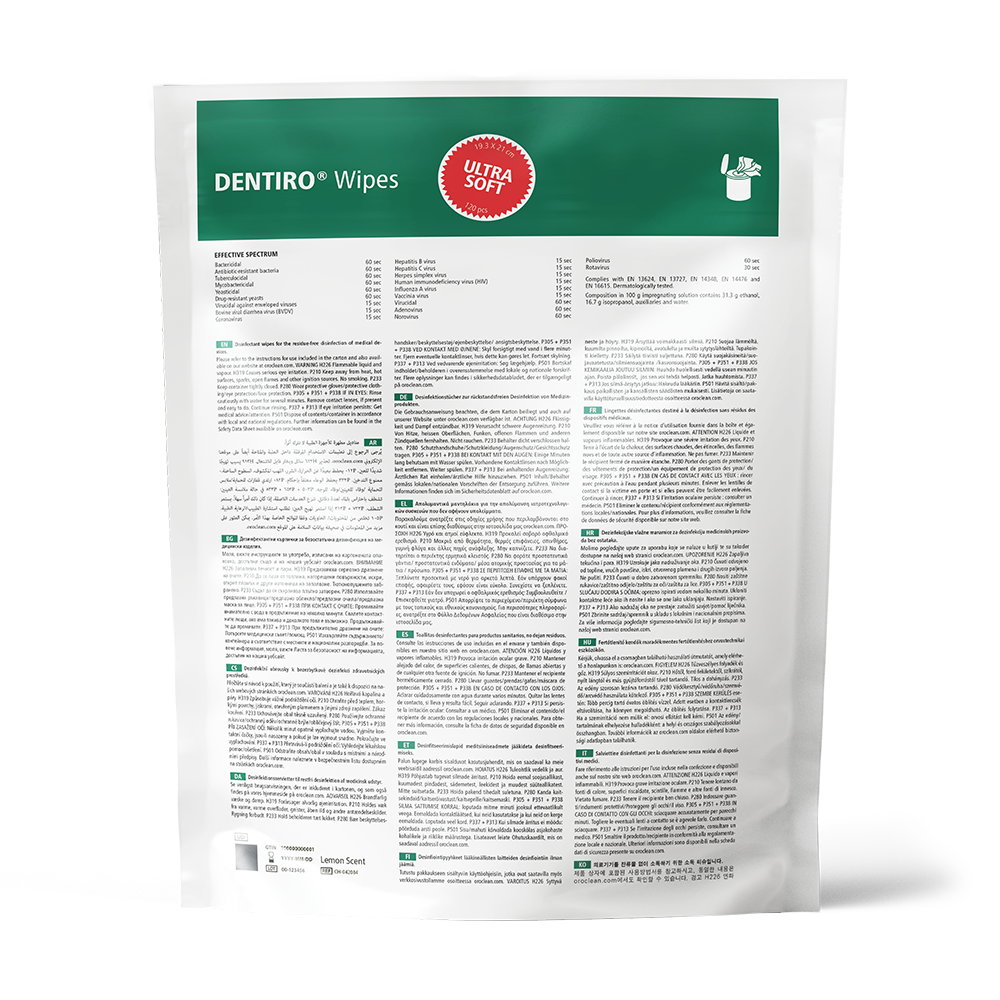 Refill pouch with 120 disinfectant wipes (19.3 x 21 cm), lemon scent